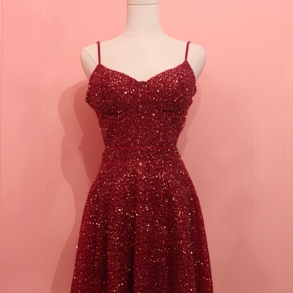 Privy Red Sequin Fit & Flare Dress - Picture 2 of 7